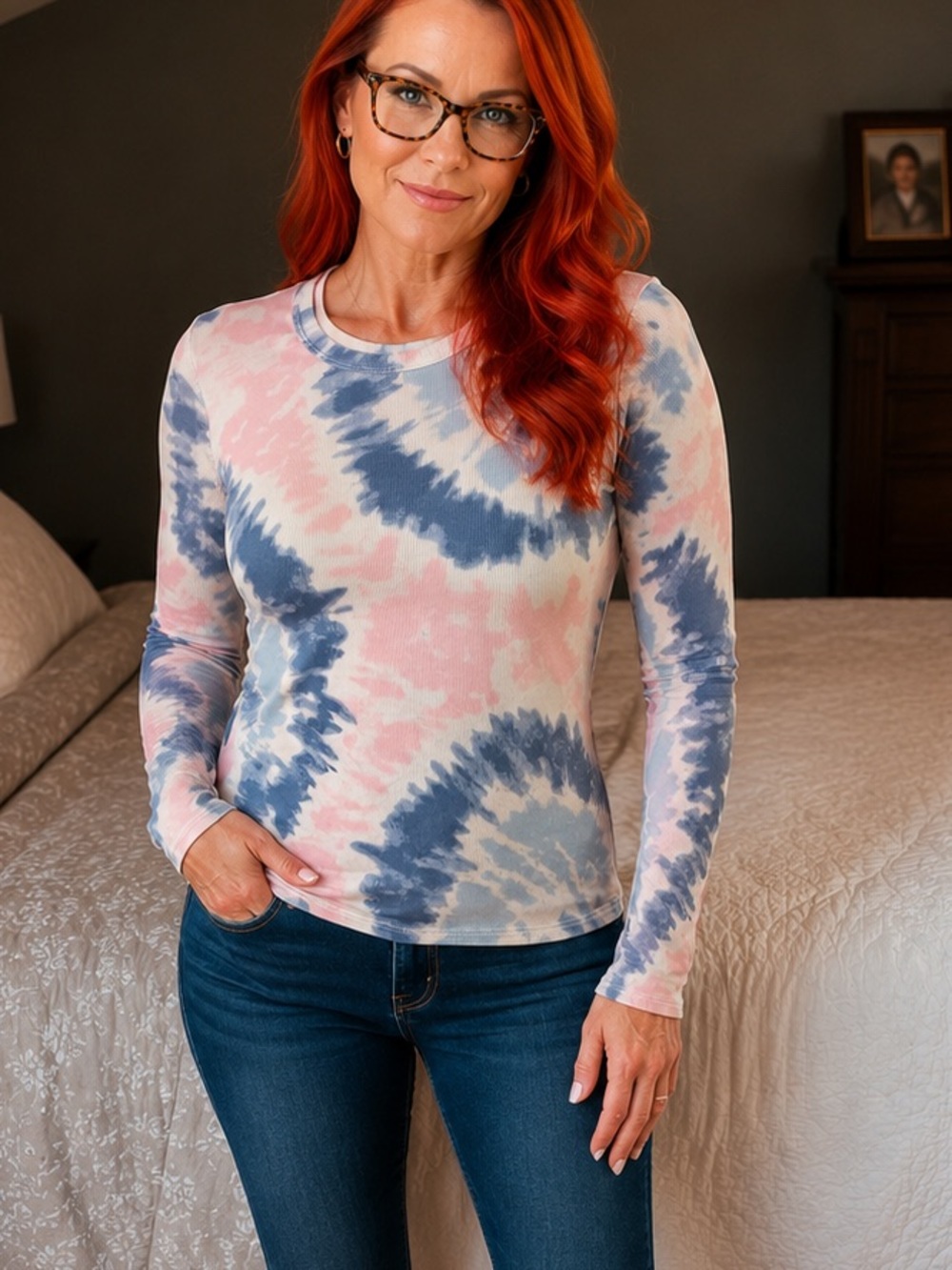 Tie-Dye Long Sleeve Crewneck Top - Pink & Blue